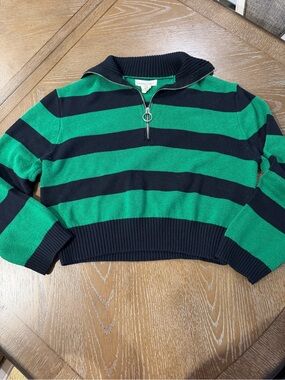 Happily Grey Cropped Green and Blue Striped Half-Zip Sweater -size M